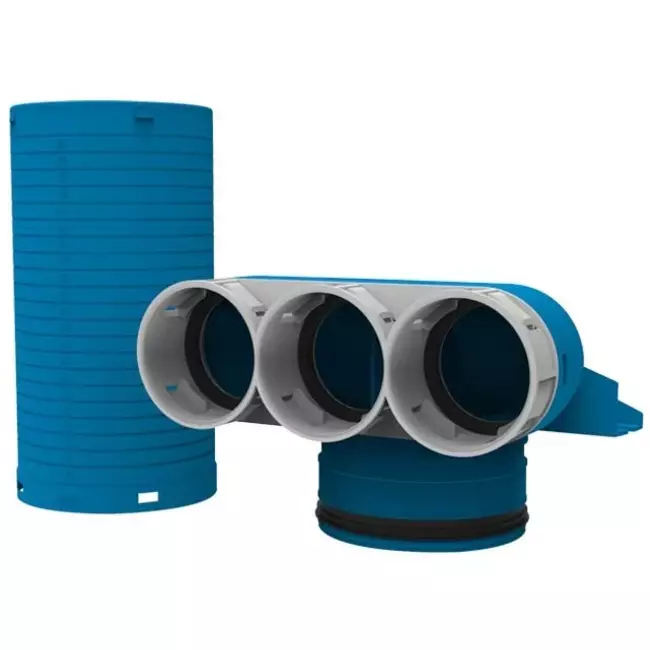 Vent-Axia Uniflexplus fläktkollektor 3 x Ø 69 mm med murbrukslock Ø 125 mm H=250 90° (lång)