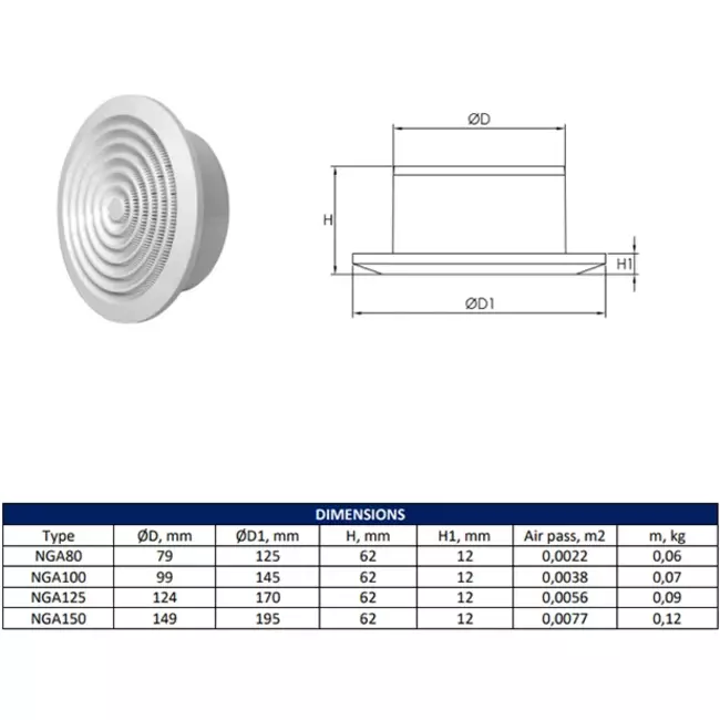 Runt ventilationsgaller grill Ø 125 mm antracit - NGA125A