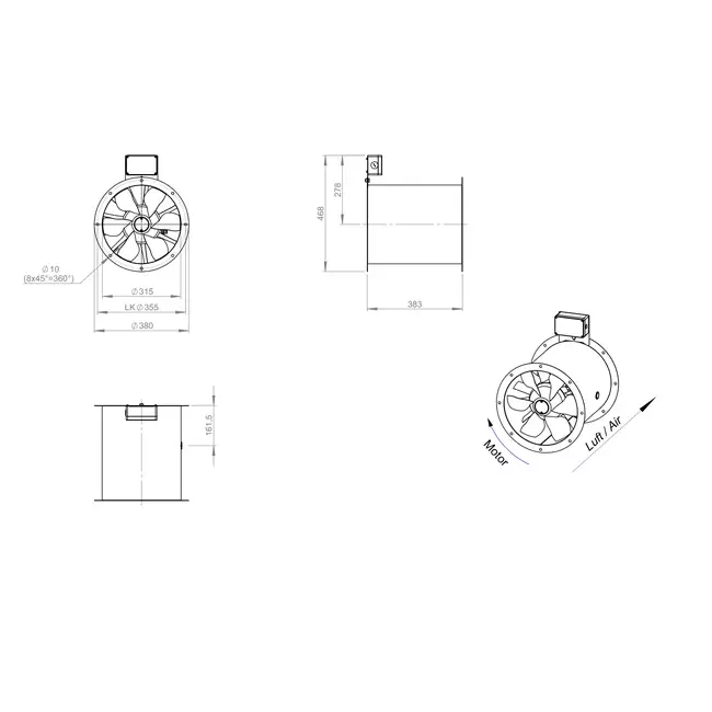 Axial 315 mm rökgasfläkt med kanal F300- AL 315 D4 F3 01 CFG