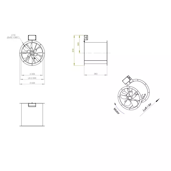Axial 355 mm rökgasfläkt med kanal F300- AL 355 D4 F3 01 CFG