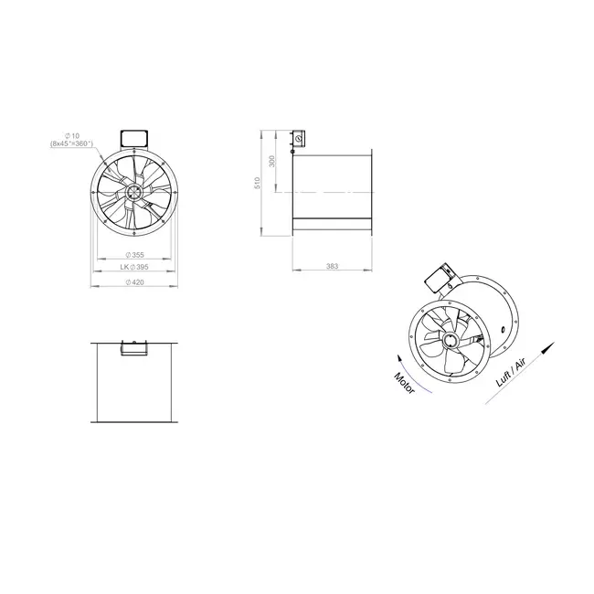Axial 355 mm rökgasfläkt med kanal F300- AL 355 D2 F3 01 CFG