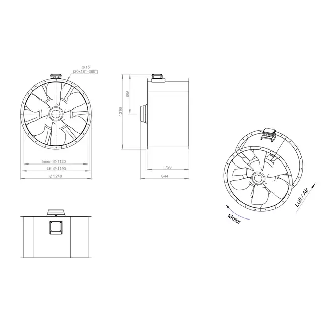 Axial 1120 mm rökgasfläkt med kanal F300- AL 1120 D6 F3 02 CFG