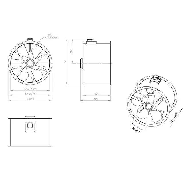 Axial 900 mm rökgasfläkt med kanal F300- AL 900 D6 F3 01 CFG