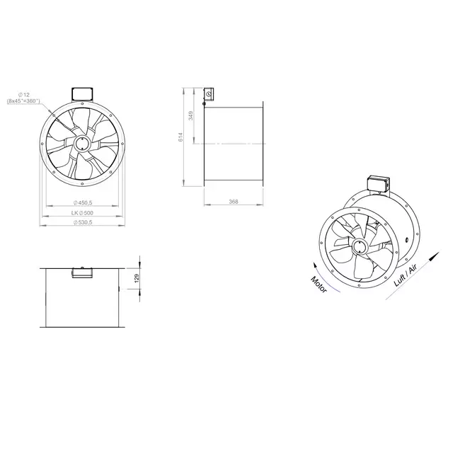 Axial 450 mm rökgasfläkt med kanal F300- AL 450 D4 F3 01 CFG