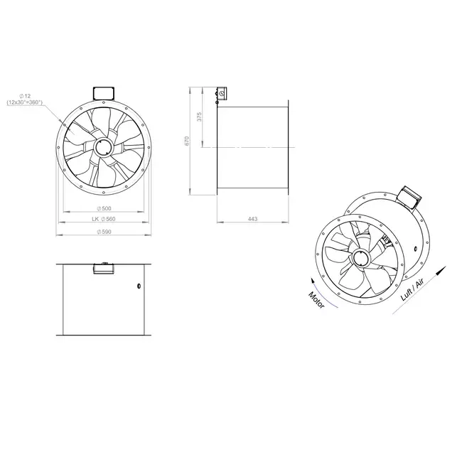 Axial 500 mm rökgasfläkt med kanal F300- AL 500 D4 F3 01 CFG