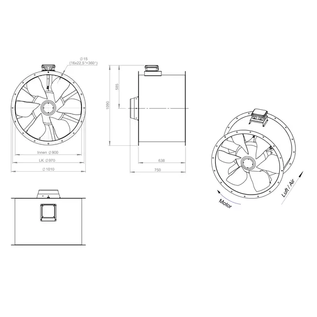 Axial 900 mm rökgasfläkt med kanal F300- AL 900 D4 F3 03 CFG