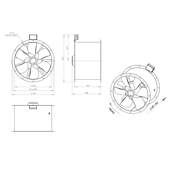 Axial 630 mm rökgasfläkt med kanal F300- AL 630 D6 F3 01 CFG