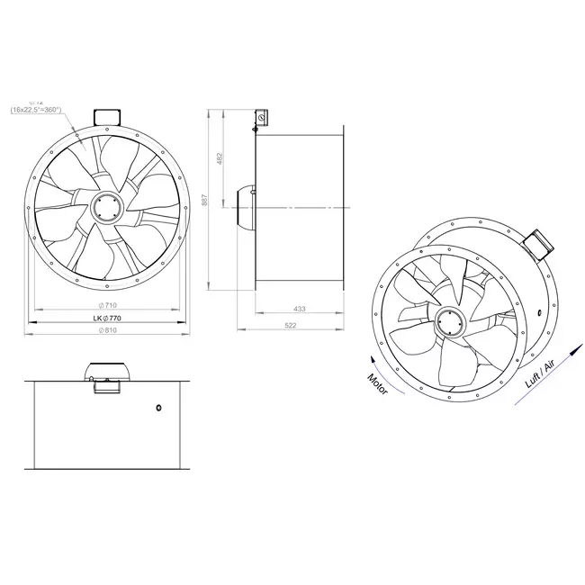 Axial 710 mm rökgasfläkt med kanal F300- AL 710 D6 F3 01 CFG