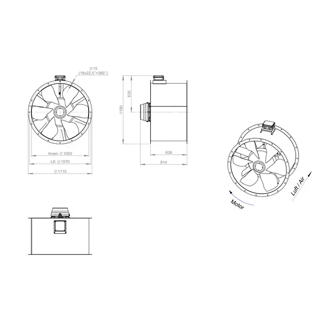 Axial 1000 mm rökgasfläkt med kanal F300- AL 1000 D6 F3 01 CFG