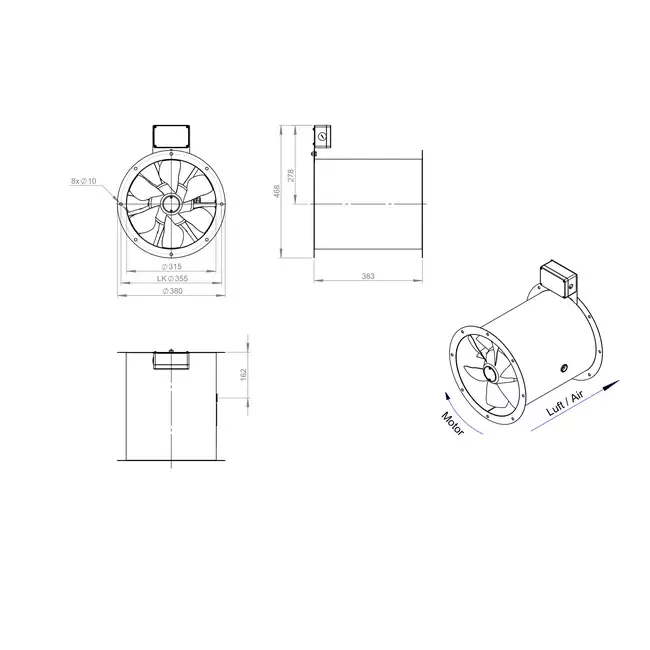 Axial 315 mm rökgasfläkt med kanal F400 - AL 315 D2 F4 01 CFG