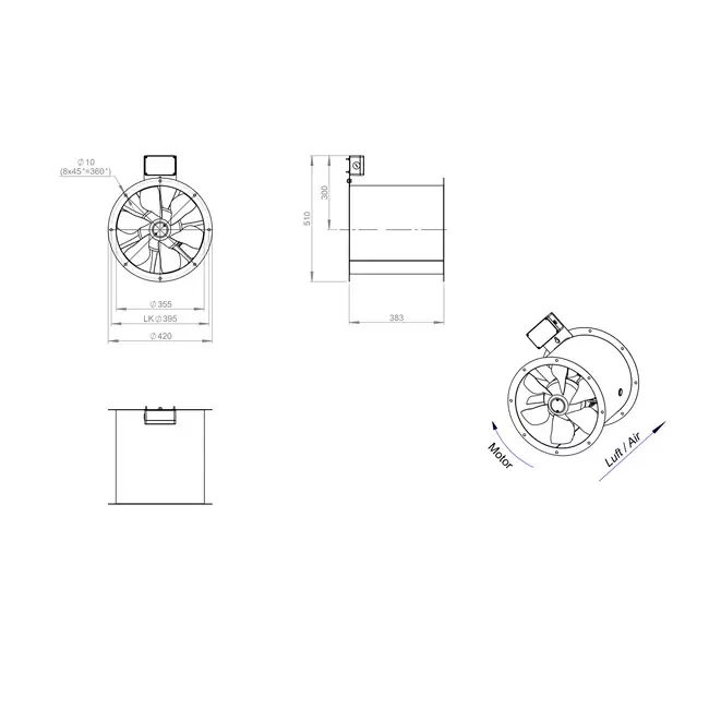 Axial 355 mm rökgasfläkt med kanal F400 - AL 355 D2 F4 02 CFG