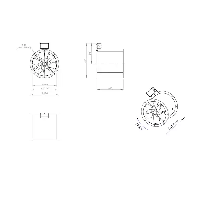 Axial 355 mm rökgasfläkt med kanal F400 - AL 355 D42U F4 02 CFG