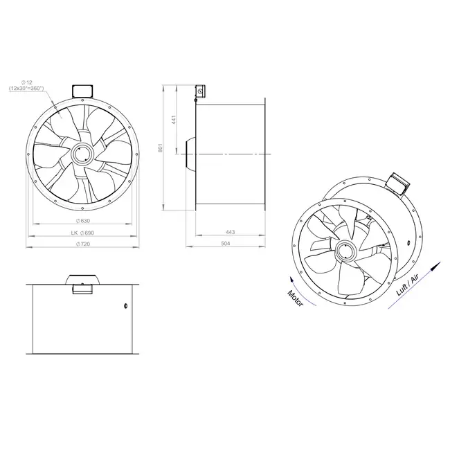 Axial 630 mm rökgasfläkt med kanal F400 - AL 630 D4 F4 01 CFG