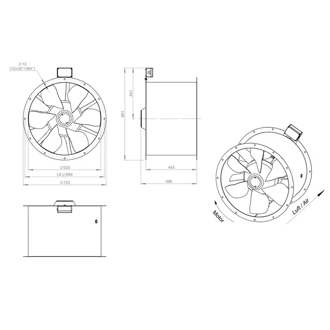 Axial 630 mm rökgasfläkt med kanal F300- AL 630 D4 F3 03 CFG