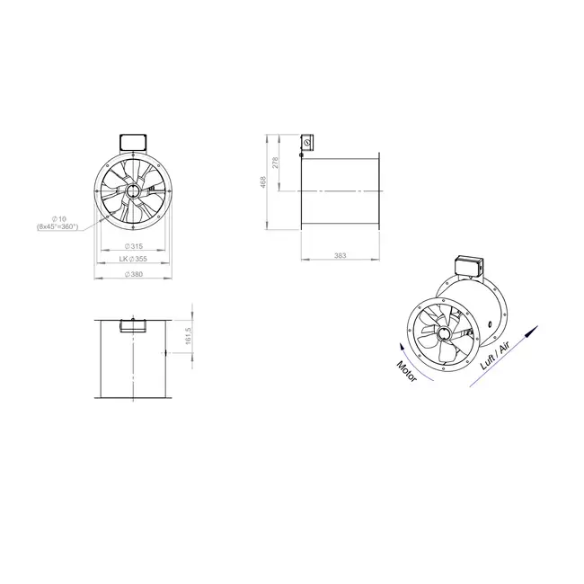 Axial 315 mm rökgasfläkt med kanal F300- AL 315 D2 F3 03 CFG