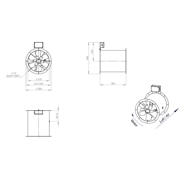 Axial 315 mm rökgasfläkt med kanal F300- AL 315 D42U F3 02 CFG