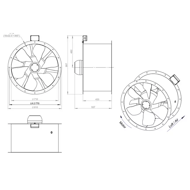 Axial 710 mm rökgasfläkt med kanal F400 - AL 710 D84U F4 02 CFG