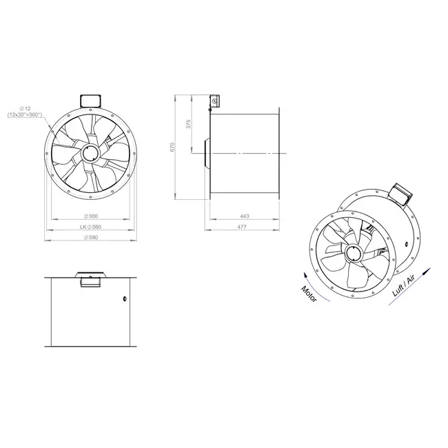 Axial 500 mm rökgasfläkt med kanal F400 - AL 500 D42U F4 02 CFG