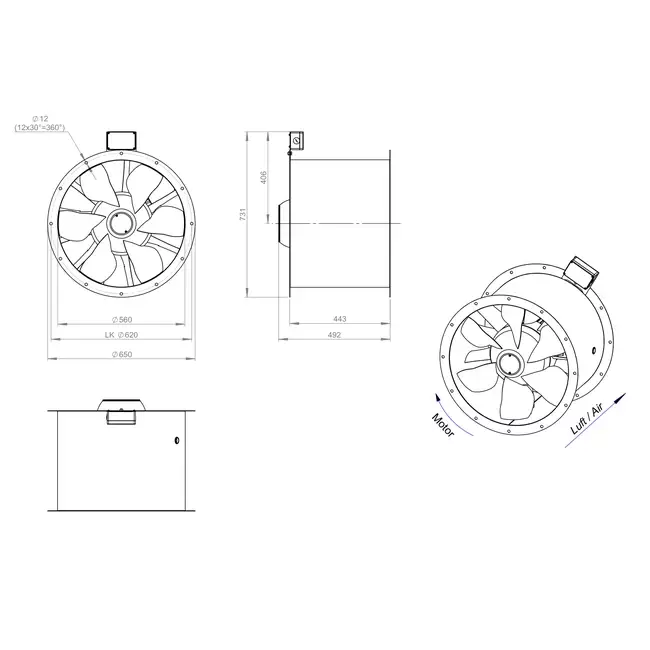 Axial 560 mm rökgasfläkt med kanal F400 - AL 560 D4 F4 04 CFG