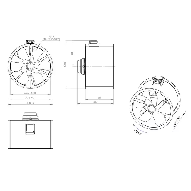 Axial 900 mm rökgasfläkt med kanal F300- AL 900 D4 F3 05 CFG