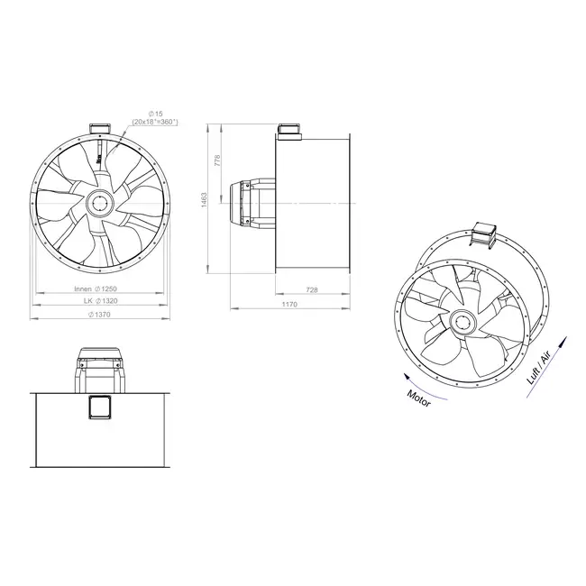 Axial 1250 mm kanalfläkt rökgas F300- AL 1250 D6 F3 06 CFG