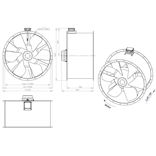 Axial 1250 mm kanalfläkt rökgas F400 - AL 1250 D6 F4 01 CFG
