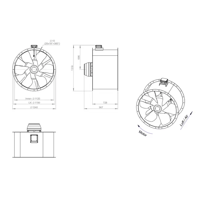 Axial 1120 mm rökgasfläkt med kanal F400 - AL 1120 D6 F4 05 CFG