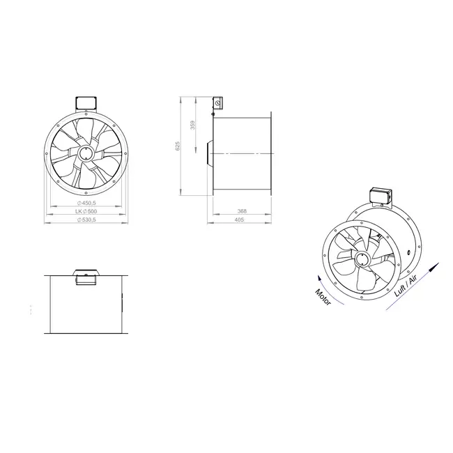 Axial 450 mm rökgasfläkt med kanal F400 - AL 450 D2 F4 02 CFG