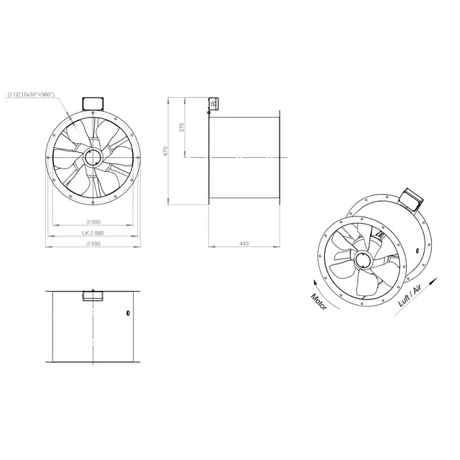 Axial 500 mm rökgasfläkt med kanal F400 - AL 500 D4 F4 02 CFG