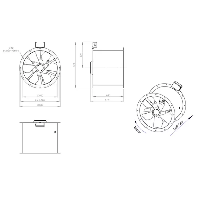 Axial 500 mm rökgasfläkt med kanal F300- AL 500 D42U F3 02 CFG