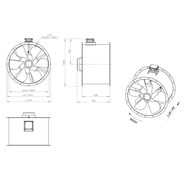 Axial 900 mm rökgasfläkt med kanal F300- AL 900 D84U F3 02 CFG