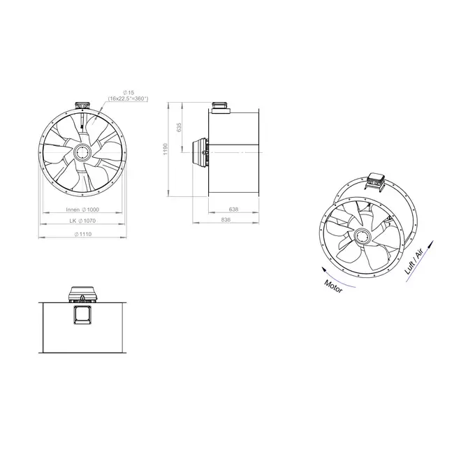 Axial 1000 mm kanalfläkt rökgas F300- AL 1000 D84U F3 02 CFG