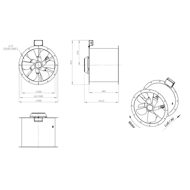 Axial 500 mm rökgasfläkt med kanal F300- AL 500 D2 F3 03 CFG
