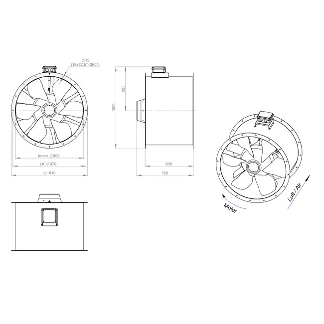 Axial 900 mm rökgasfläkt med kanal F400 - AL 900 D84U F4 02 CFG