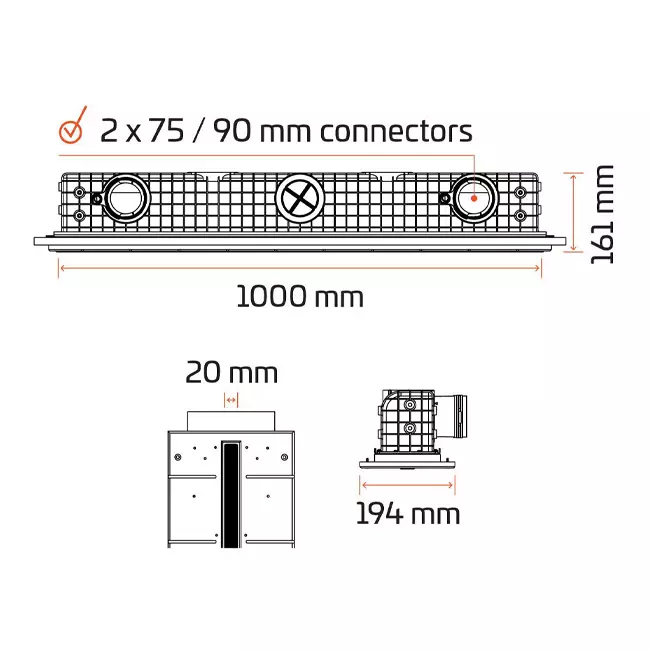 Ergovent putsbar ramlös linjär ventilationsgaller 1000 mm med anslutningsdiameter 75 mm – profil