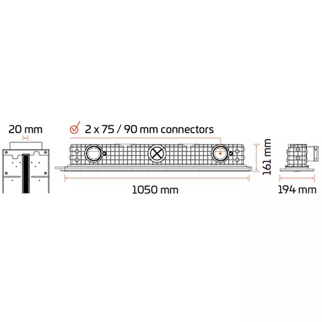 Ergovent ramlös spaltdiffusor 1050 mm med anslutningsdiameter 90 mm - modulär - 1 slits