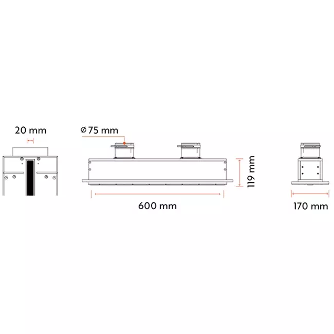 Ergovent ramlös slitsdiffusor 600 mm med anslutningsdiameter 75 mm - profil (vertikal)