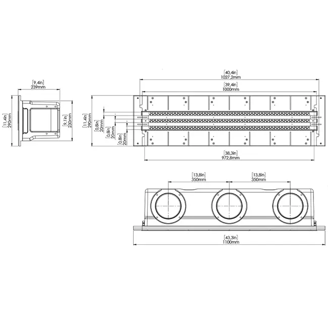 Ergovent infällbart ramlöst linjegaller 1000 mm med anslutningsdiameter 150 mm – luftkonditionering – 3 slitsar
