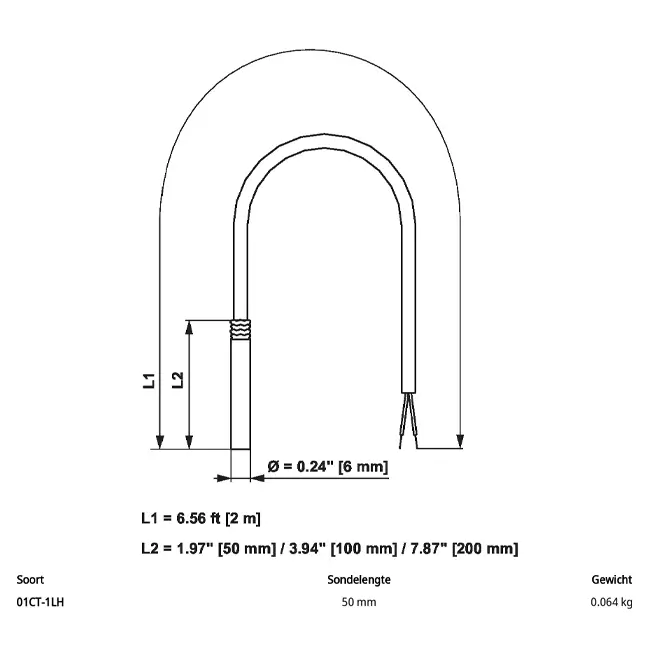 Belimo kabeltemperaturgivare NTC10k (10k2) 50x6 mm - 2 meter - 01CT-1LH