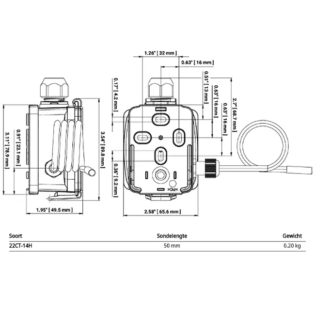 Belimo kabeltemperaturgivare 4-20 mA - sond 50x6 mm - 2 meter - 22CT-14H