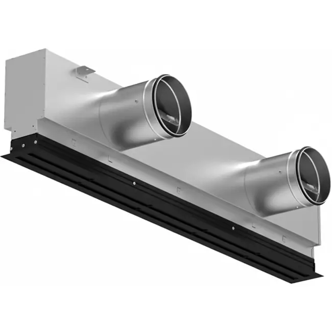 Aluminiumgaller med 2 justerbara mönsterplåtar – 2000 mm – RAL 9005 + Akustiskt isolerat plenum med luftflödesreglerventil