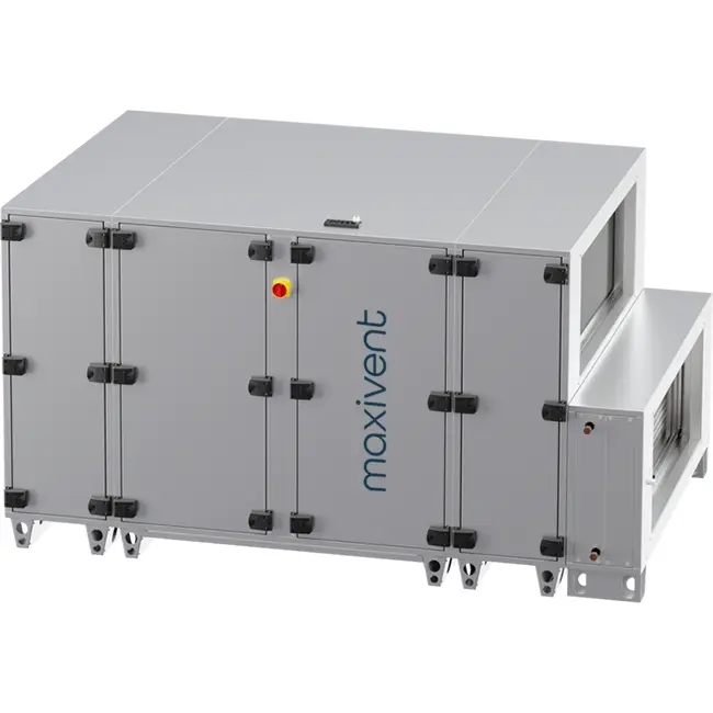 Maxivent WTW luftbehandlingsaggregat med motströmsvärmeväxlare 7600 m³/h med varmvattenbatteri, horisontellt till vänster – PHE 7600 H WOJL T 02