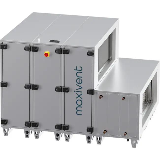 Maxivent WTW luftbehandlingsaggregat med värmehjul, 20 000 m³/h, med varmvattenbatteri och kallvattenbatteri, horisontellt till höger – RHE 20000 H WKJR T 02