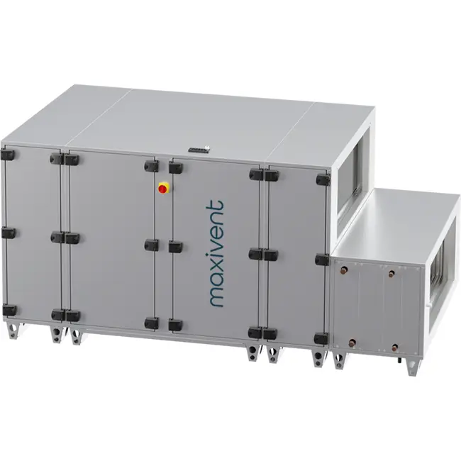 Maxivent WTW-luftbehandlingsaggregat med motströmsvärmeväxlare, 7600 m³/h, med varmvattenbatteri och kallvattenbatteri, horisontellt till höger – PHE 7600 H WKJR T 02