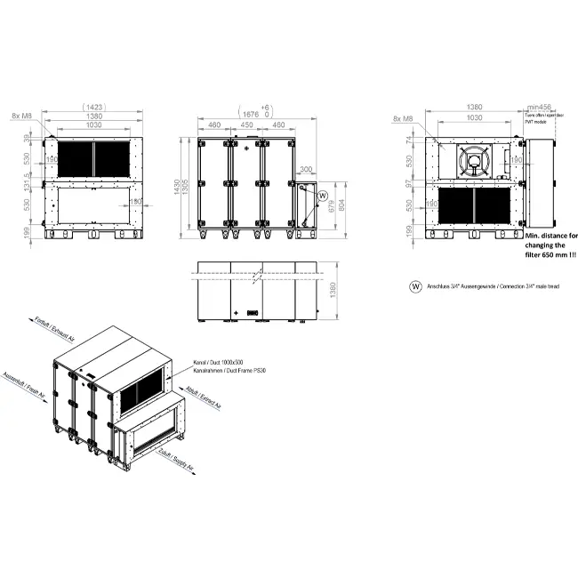 Maxivent WTW luftbehandlingsaggregat med värmehjul, 7600 m³/h, med varmvattenbatteri, horisontellt till vänster – RHE 7600 H WOJL T 02