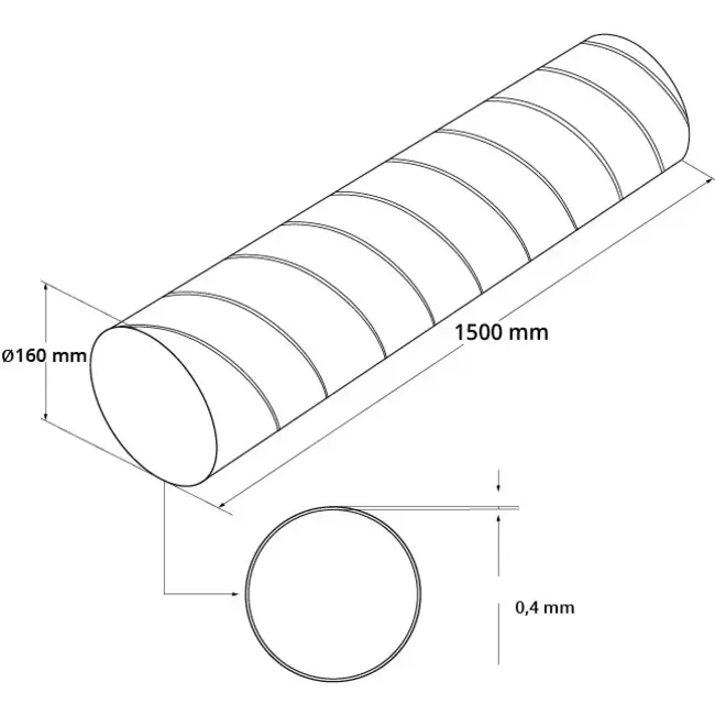 Spiralrör, diameter 160 mm, längd 1,5 meter – Galvaniserat