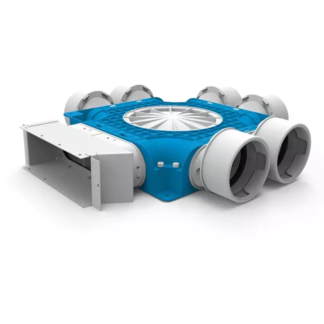 Vent-Axia Uniflexplus kompositfördelare 6x Ø 90 mm till galvaniserade rektangulära ventilationskanaler 220x80 mm