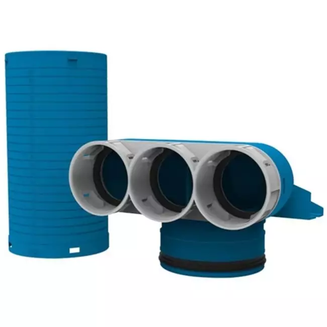 Vent-Axia Uniflexplus fläktkollektor 3 x Ø 69 mm med murbrukslock Ø 125 mm H=250 90° (lång)