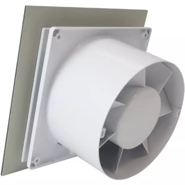 Air Roxy badrumsfläkt med anslutningsdiameter 125 mm med försenad start och timer – front av guldfärgad aluminium