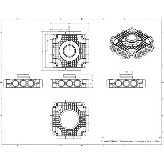 Vent-Axia Uniflexplus kompositfördelare 12 x Ø 69 mm sidoanslutning med tapp Ø 160 mm